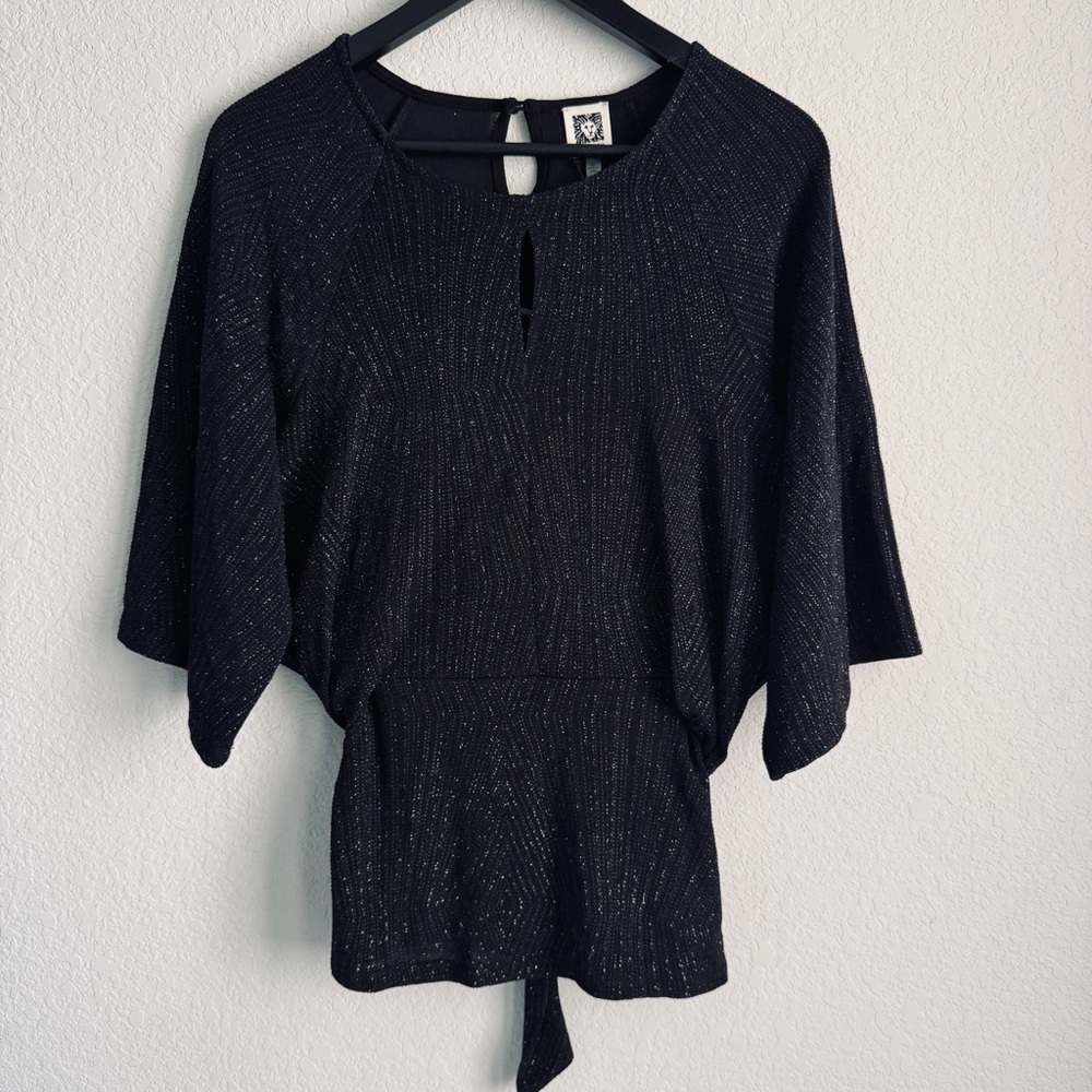 Anne Klein Black Metallic Knit Top with Tie Detail